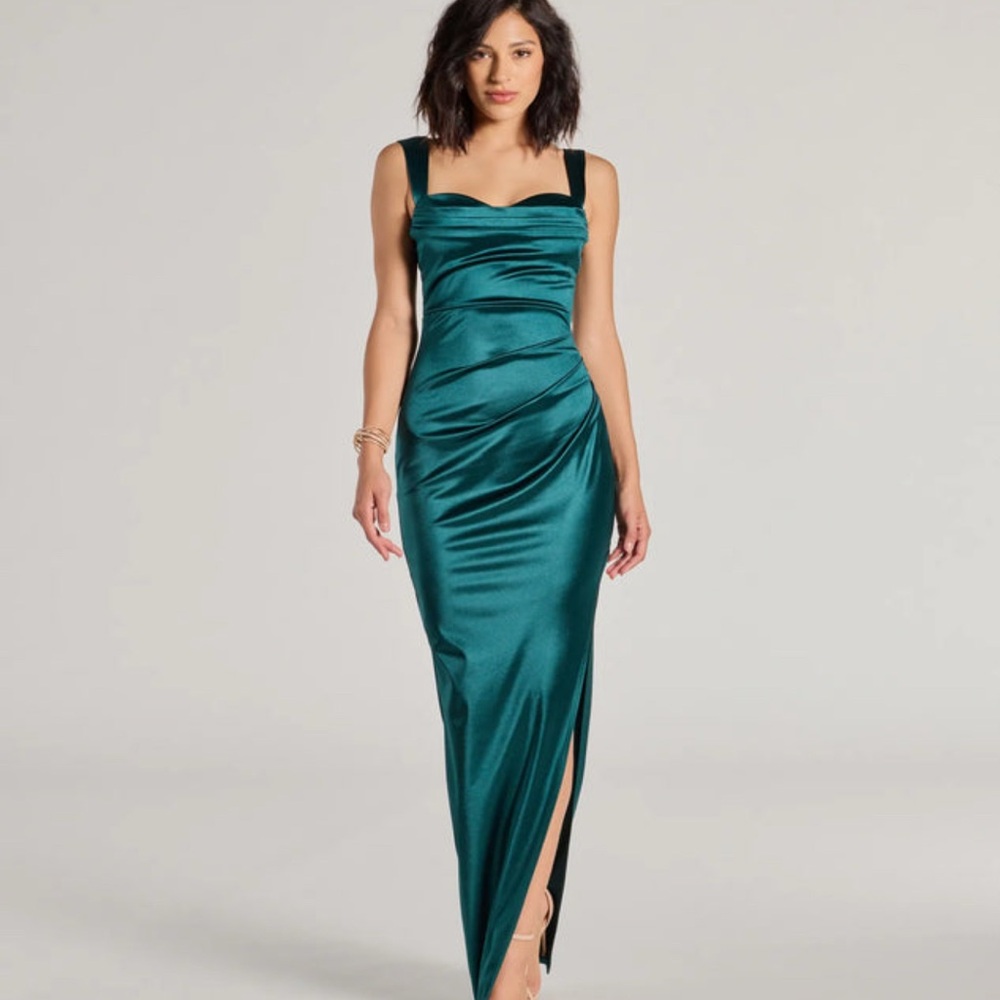 Satin green formal floor length dress